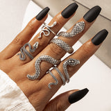 4pcs/set Vintage Snake Shape Rings for Women Men Gothic Silver Color Animal Exaggerated Metal Alloy Finger Ring Sets Jewelry